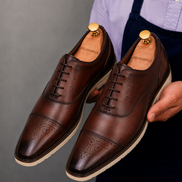 Man holding a pair of Melodiapelle Moorland Cap-Toe Derby shoes in dark chocolate leather, close-up