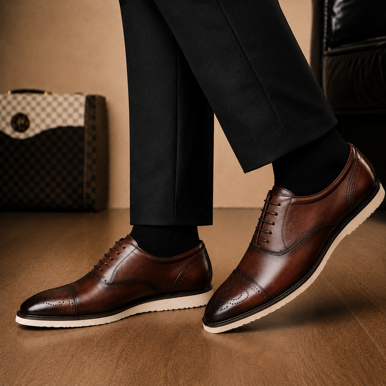 Melodiapelle Moorland Cap-Toe Derby in dark chocolate leather worn with formal trousers, on-feet shot