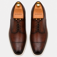 Melodiapelle Moorland Cap-Toe Derby in dark chocolate leather, pair top-down view, handcrafted in Agra