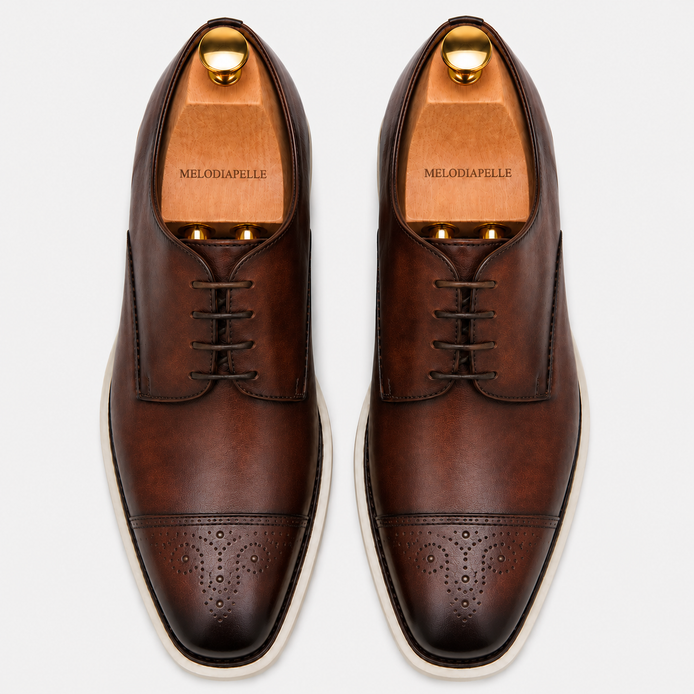 Melodiapelle Moorland Cap-Toe Derby in dark chocolate leather, pair top-down view, handcrafted in Agra