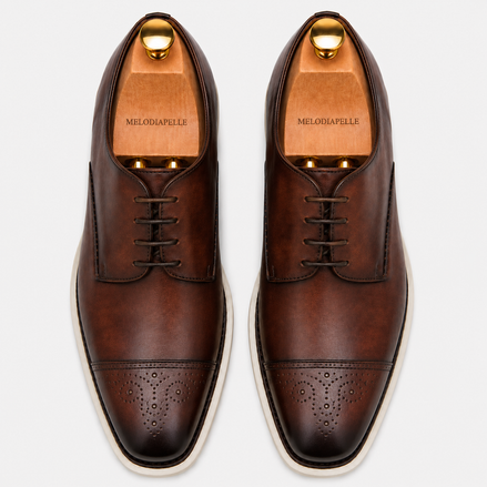 Melodiapelle Moorland Cap-Toe Derby in dark chocolate leather, pair top-down view, handcrafted in Agra