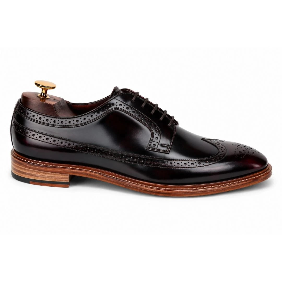 Side profile of the Morano Wingtip Brogue Derby in oxblood brown leather on white background