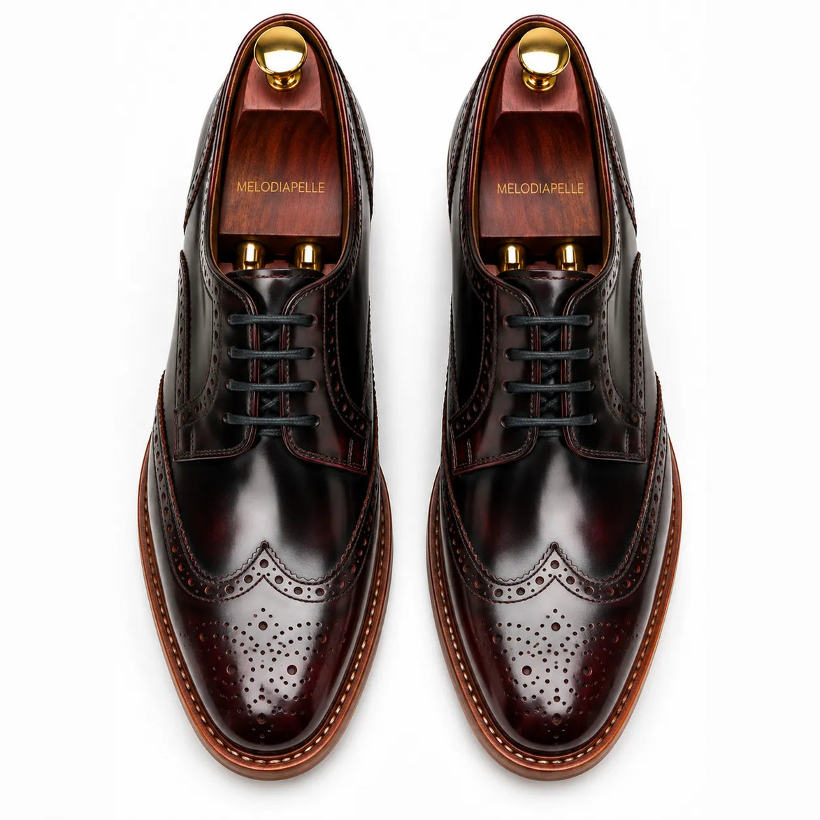 Melodiapelle Morano Wingtip Brogue Derby in oxblood brown leather, pair top-down view, handcrafted in Agra