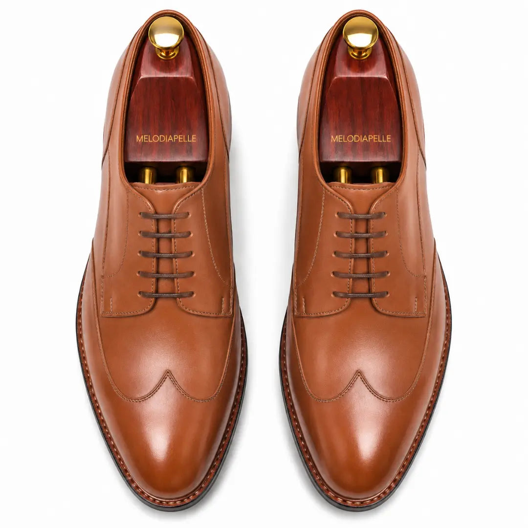 Melodiapelle Morano Wingtip Brogue Derby in tan leather, pair top-down view, handcrafted in Agra