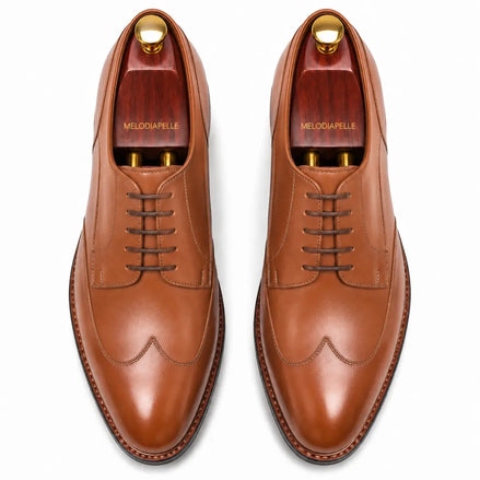 Melodiapelle Morano Wingtip Brogue Derby in tan leather, pair top-down view, handcrafted in Agra