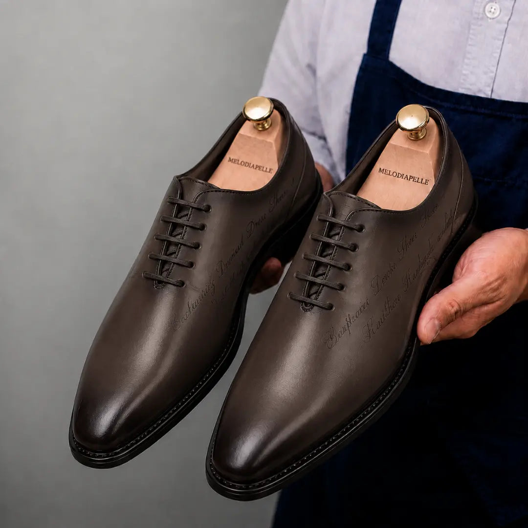 Man holding a pair of Melodiapelle Mordecai Script Wholecut Oxford shoes in brown leather, close-up