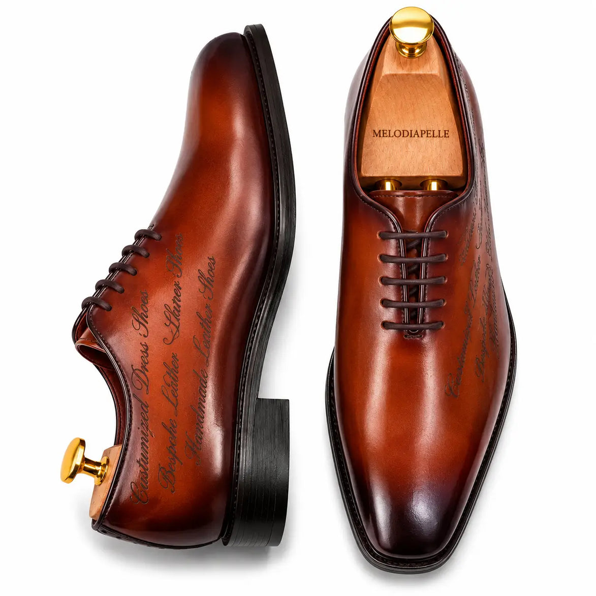 Cognac tan leather wholecut Oxford, three-quarter angle showing heel and Goodyear-welted stitching