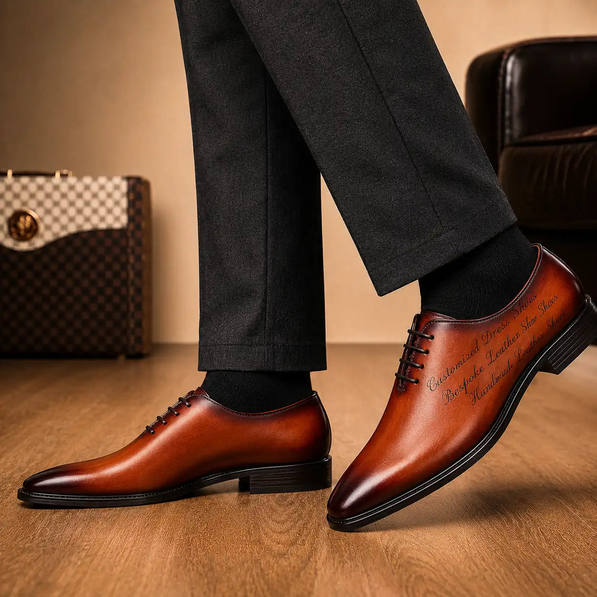 Melodiapelle Mordecai Script Wholecut Oxford in cognac tan leather, styled close-up
