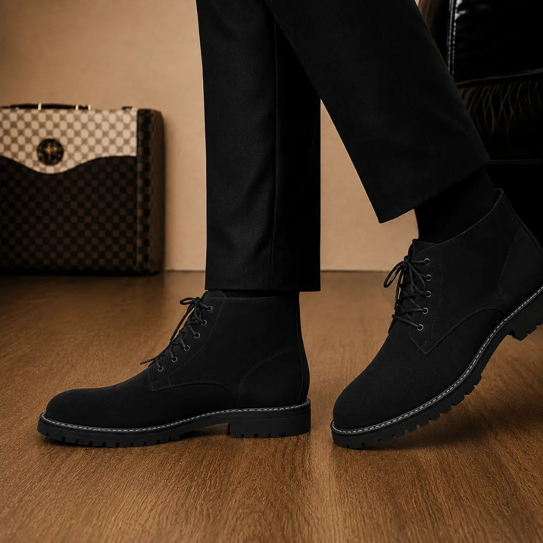 Melodiapelle Moreno Combat Boot in black suede worn with trousers, on-feet shot
