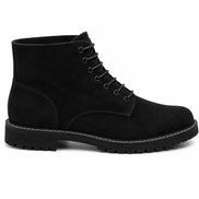 Side profile of the Moreno Combat Boot in black suede on white background