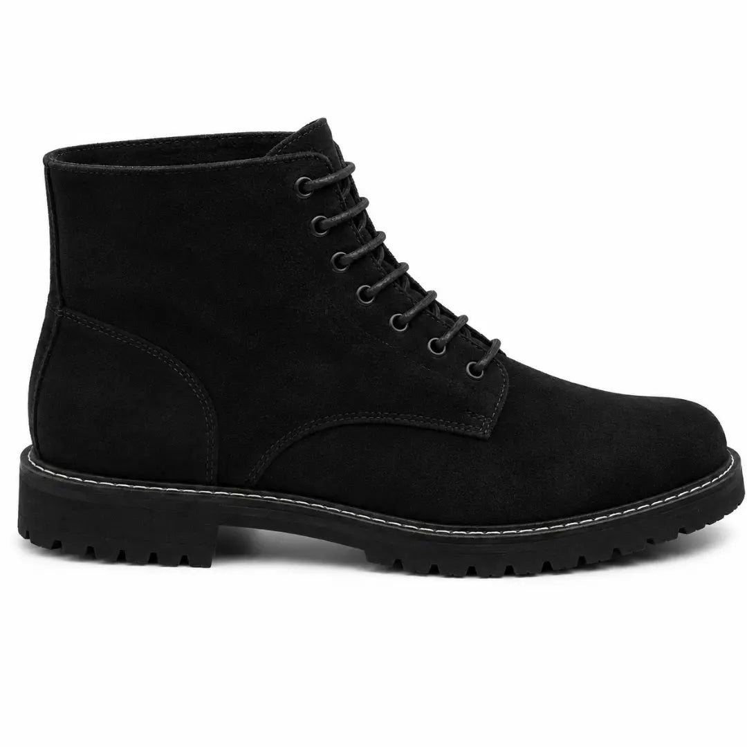 Side profile of the Moreno Combat Boot in black suede on white background