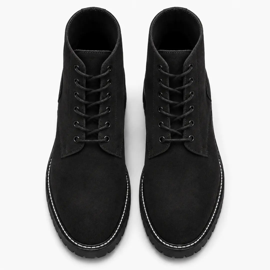 Melodiapelle Moreno Combat Boot in black suede, pair top-down view, handcrafted in Agra