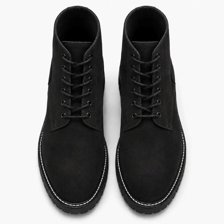 Melodiapelle Moreno Combat Boot in black suede, pair top-down view, handcrafted in Agra