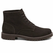 Side profile of the Moreno Combat Boot in dark brown suede on white background
