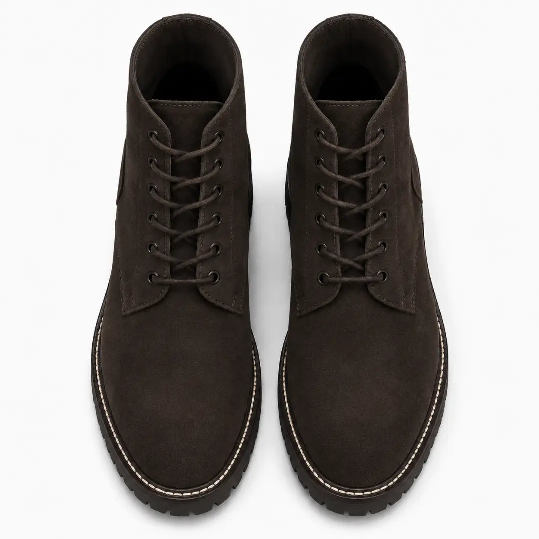 Melodiapelle Moreno Combat Boot in dark brown suede, pair top-down view, handcrafted in Agra