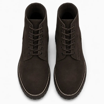 Melodiapelle Moreno Combat Boot in dark brown suede, pair top-down view, handcrafted in Agra