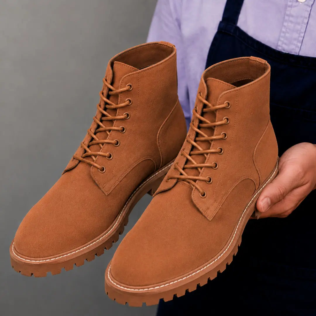 Man holding a pair of Melodiapelle Moreno Combat Boots in rust tan leather, close-up