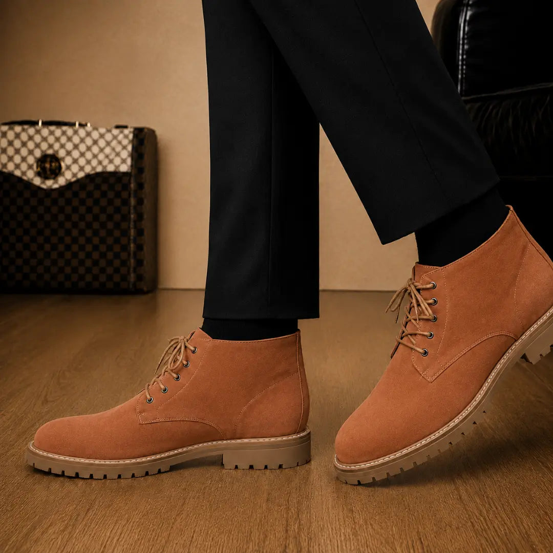 Melodiapelle Moreno Combat Boot in rust tan leather worn with trousers, on-feet shot