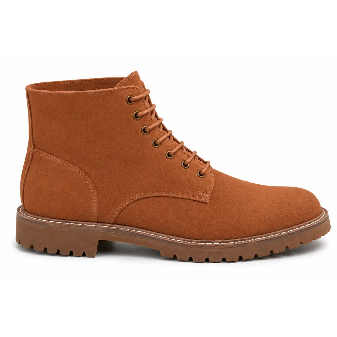 Side profile of the Moreno Combat Boot in rust tan leather on white background