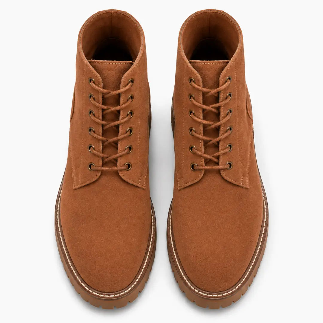 Melodiapelle Moreno Combat Boot in rust tan leather, pair top-down view, handcrafted in Agra