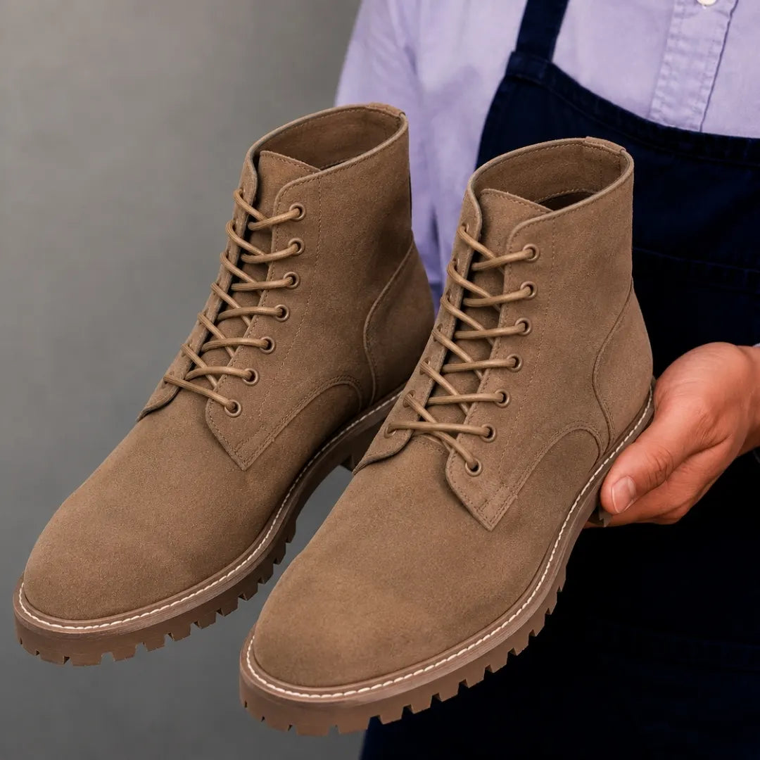 Man holding a pair of Melodiapelle Moreno Combat Boots in sand beige suede, close-up