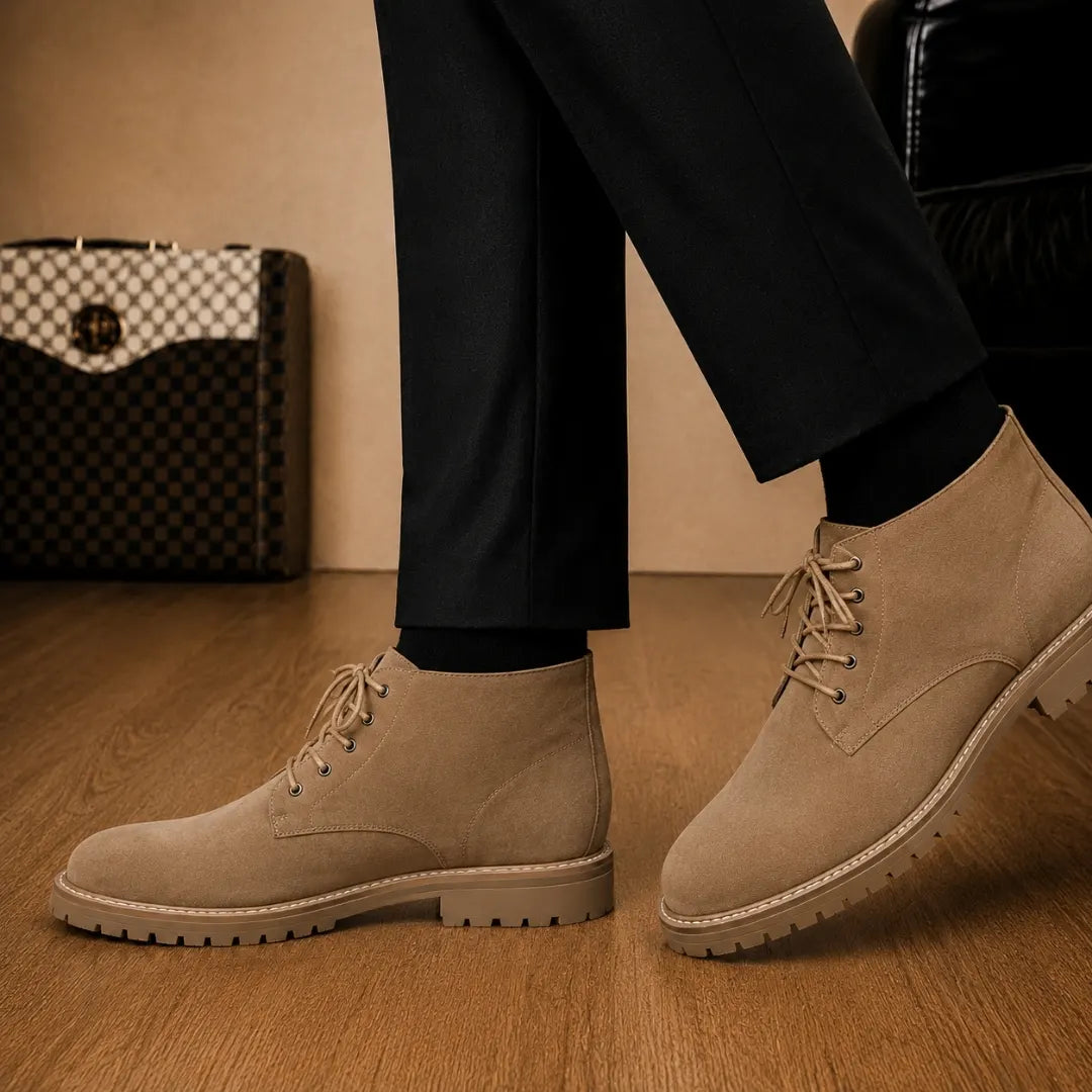 Melodiapelle Moreno Combat Boot in sand beige suede worn with trousers, on-feet shot