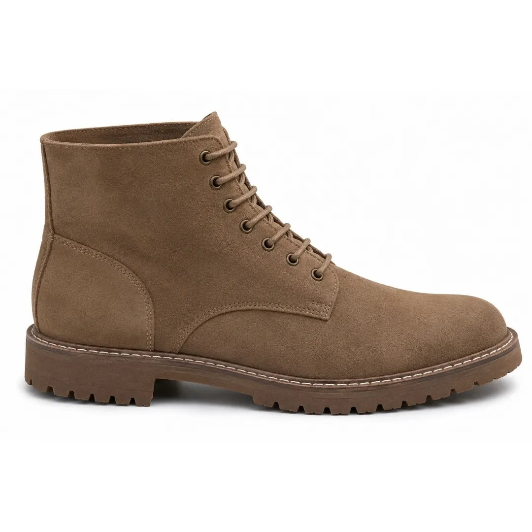 Side profile of the Moreno Combat Boot in sand beige suede on white background