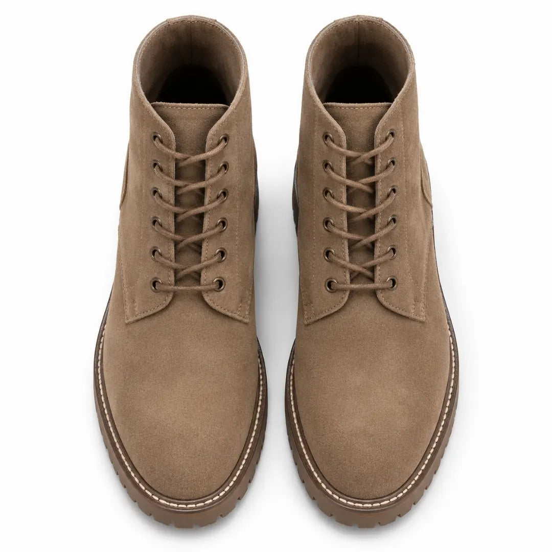 Melodiapelle Moreno Combat Boot in sand beige suede, pair top-down view, handcrafted in Agra