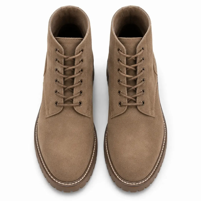 Melodiapelle Moreno Combat Boot in sand beige suede, pair top-down view, handcrafted in Agra