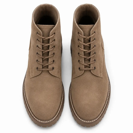 Melodiapelle Moreno Combat Boot in sand beige suede, pair top-down view, handcrafted in Agra