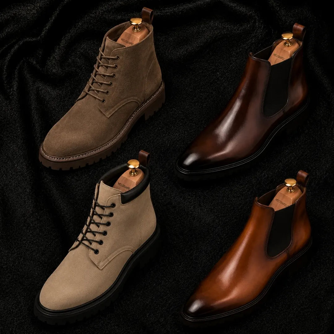 Melodiapelle Moreno Combat Boot collection in sand, tan, black and brown suede, handcrafted combat boots displayed together