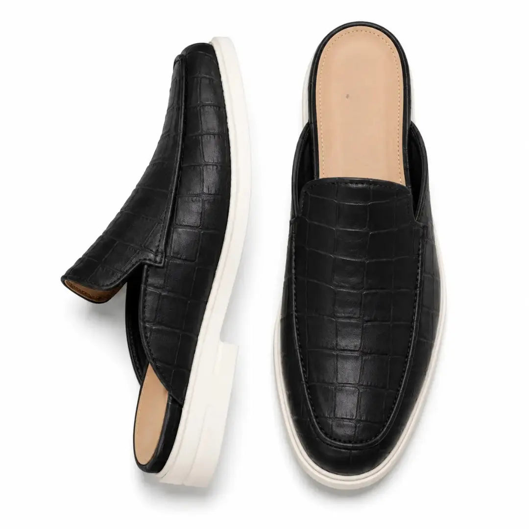 Black croc-embossed leather mule, three-quarter angle showing heel and sole detailing