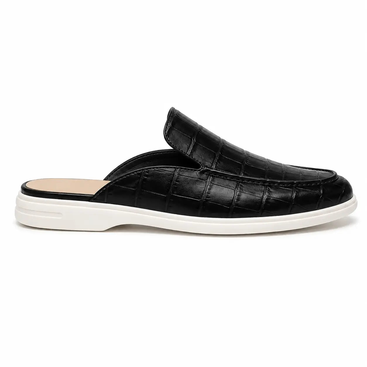 Side profile of the Moreno Mule in black croc-embossed leather on white background