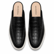 Melodiapelle Moreno Mule in black croc-embossed leather, pair top-down view, handcrafted in Agra