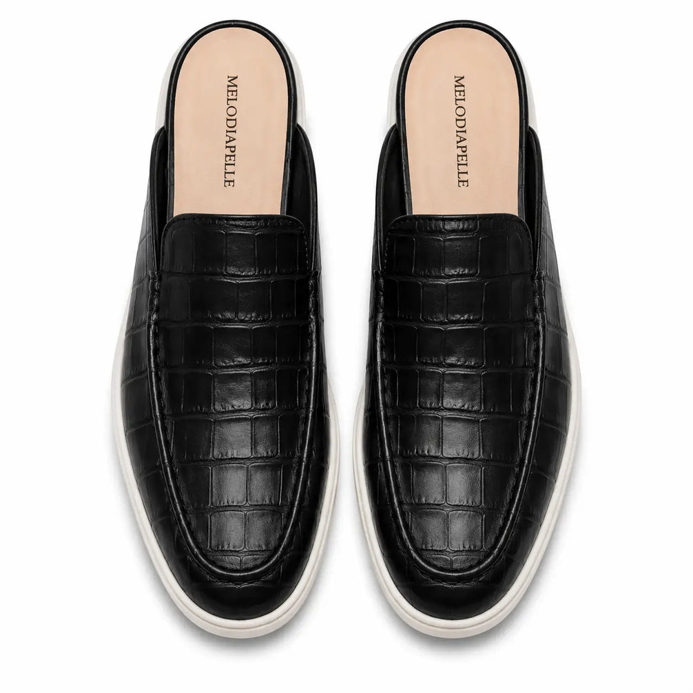 Melodiapelle Moreno Mule in black croc-embossed leather, pair top-down view, handcrafted in Agra