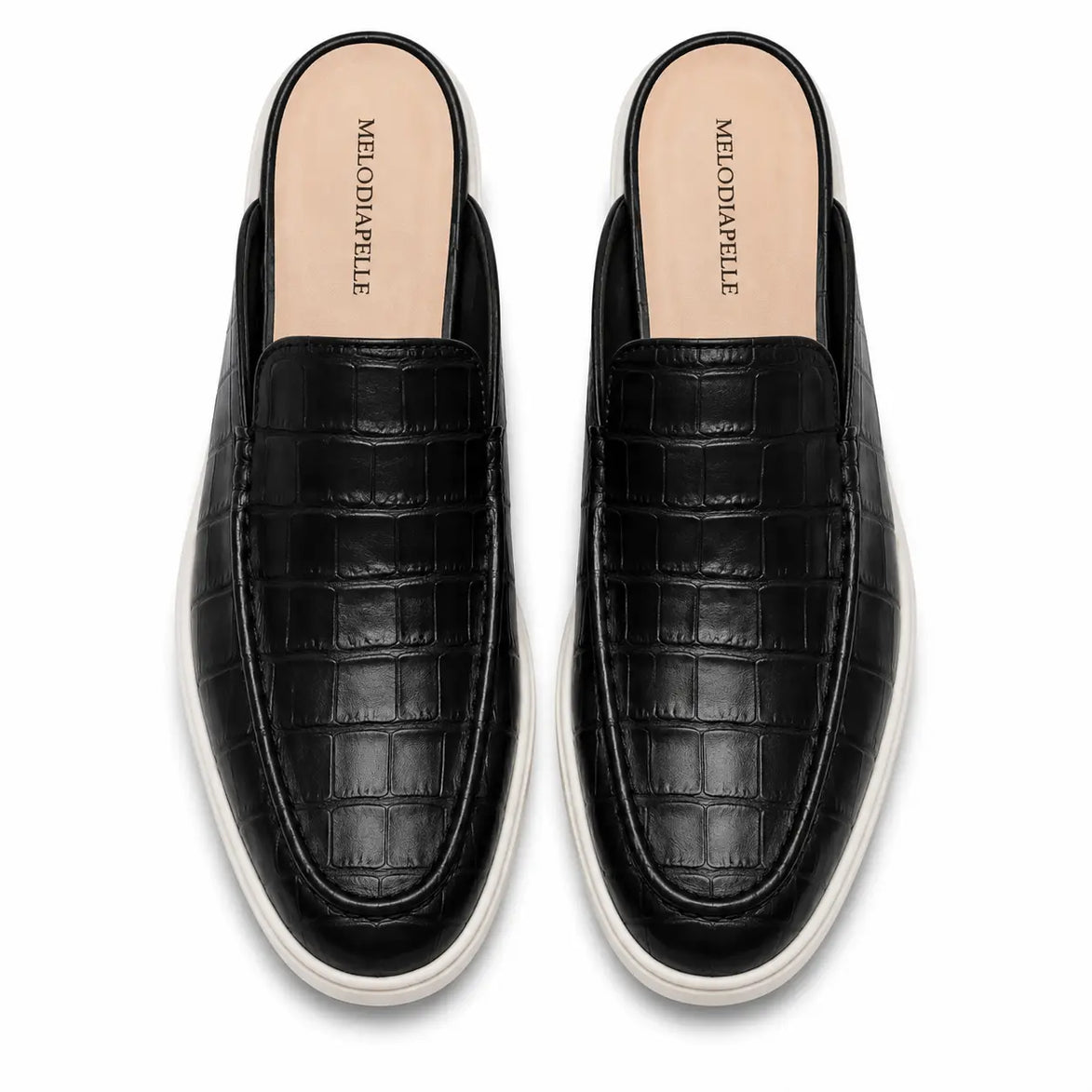 Melodiapelle Moreno Mule in black croc-embossed leather, pair top-down view, handcrafted in Agra