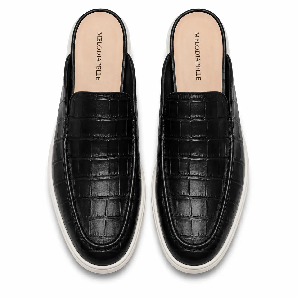 Melodiapelle Moreno Mule in black croc-embossed leather, pair top-down view, handcrafted in Agra
