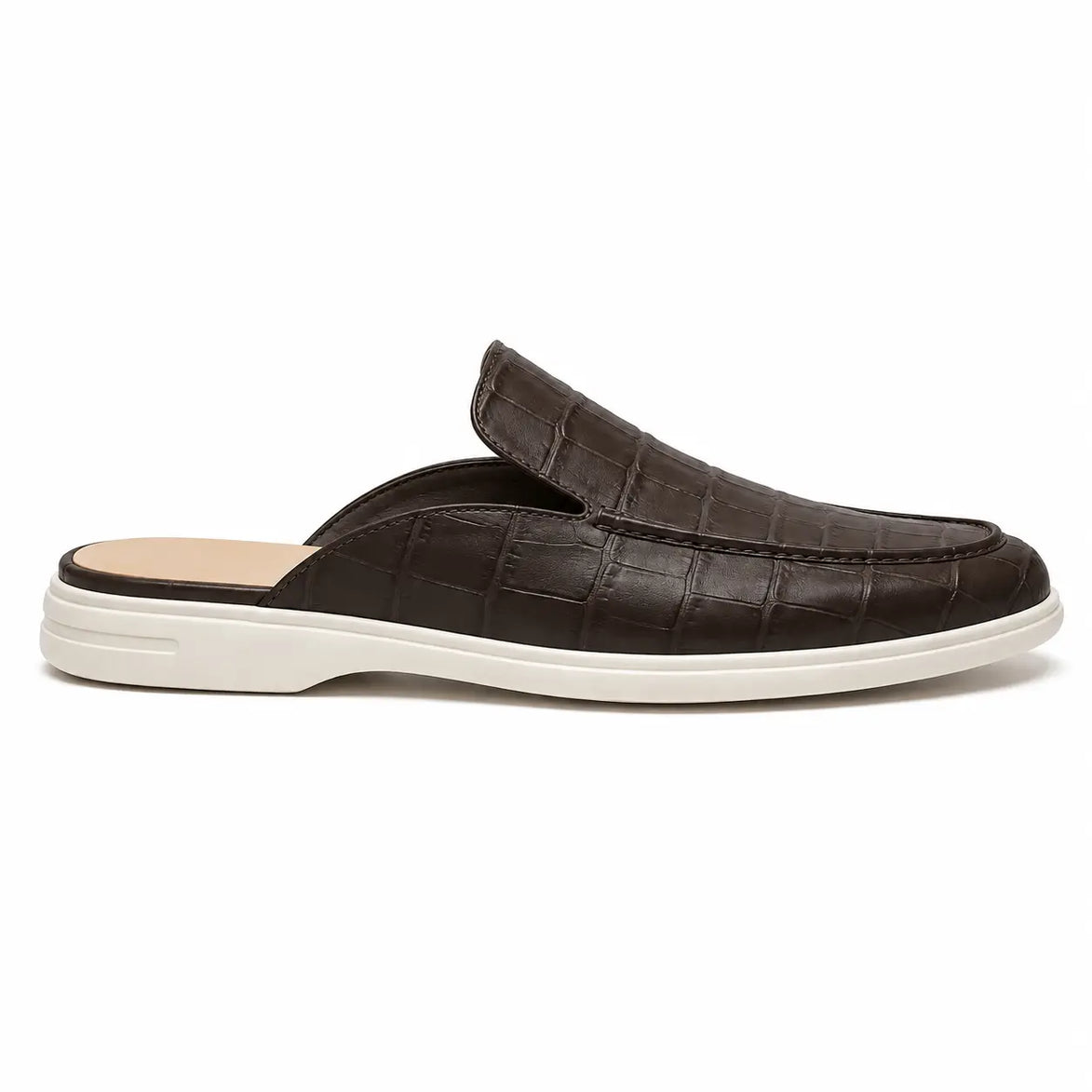 Side profile of the Moreno Mule in dark brown croc-embossed leather on white background