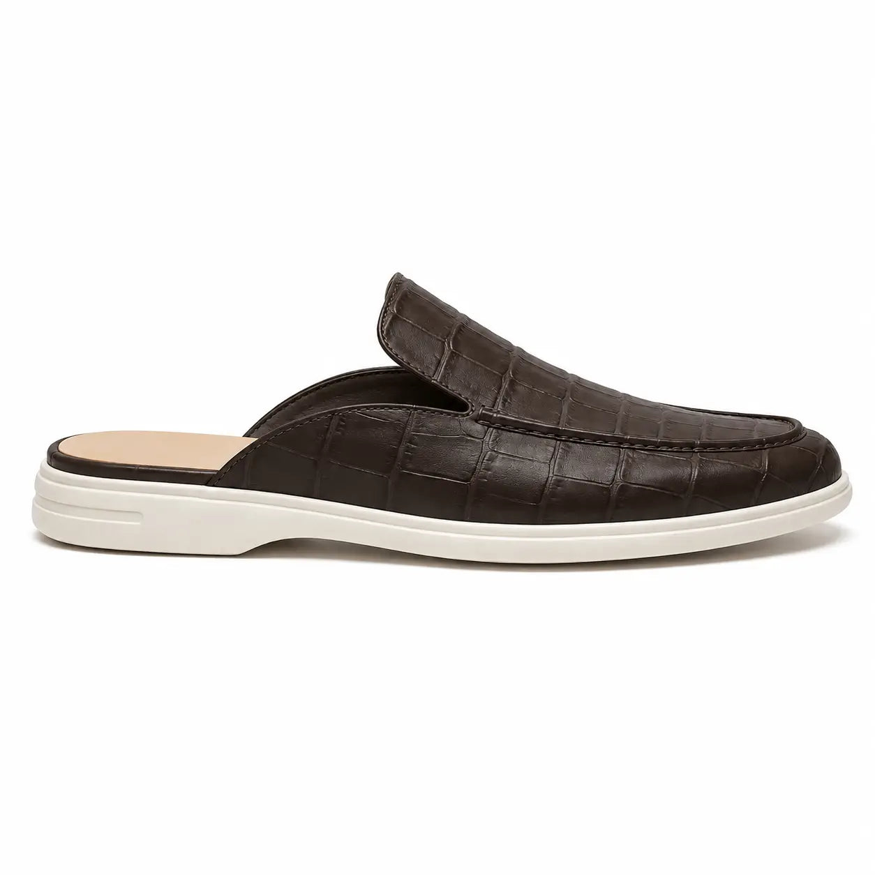 Side profile of the Moreno Mule in dark brown croc-embossed leather on white background
