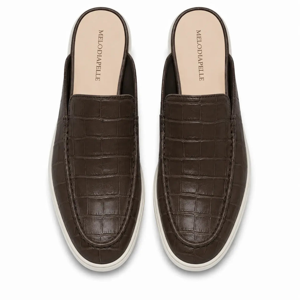 Melodiapelle Moreno Mule in dark brown croc-embossed leather, pair top-down view, handcrafted in Agra