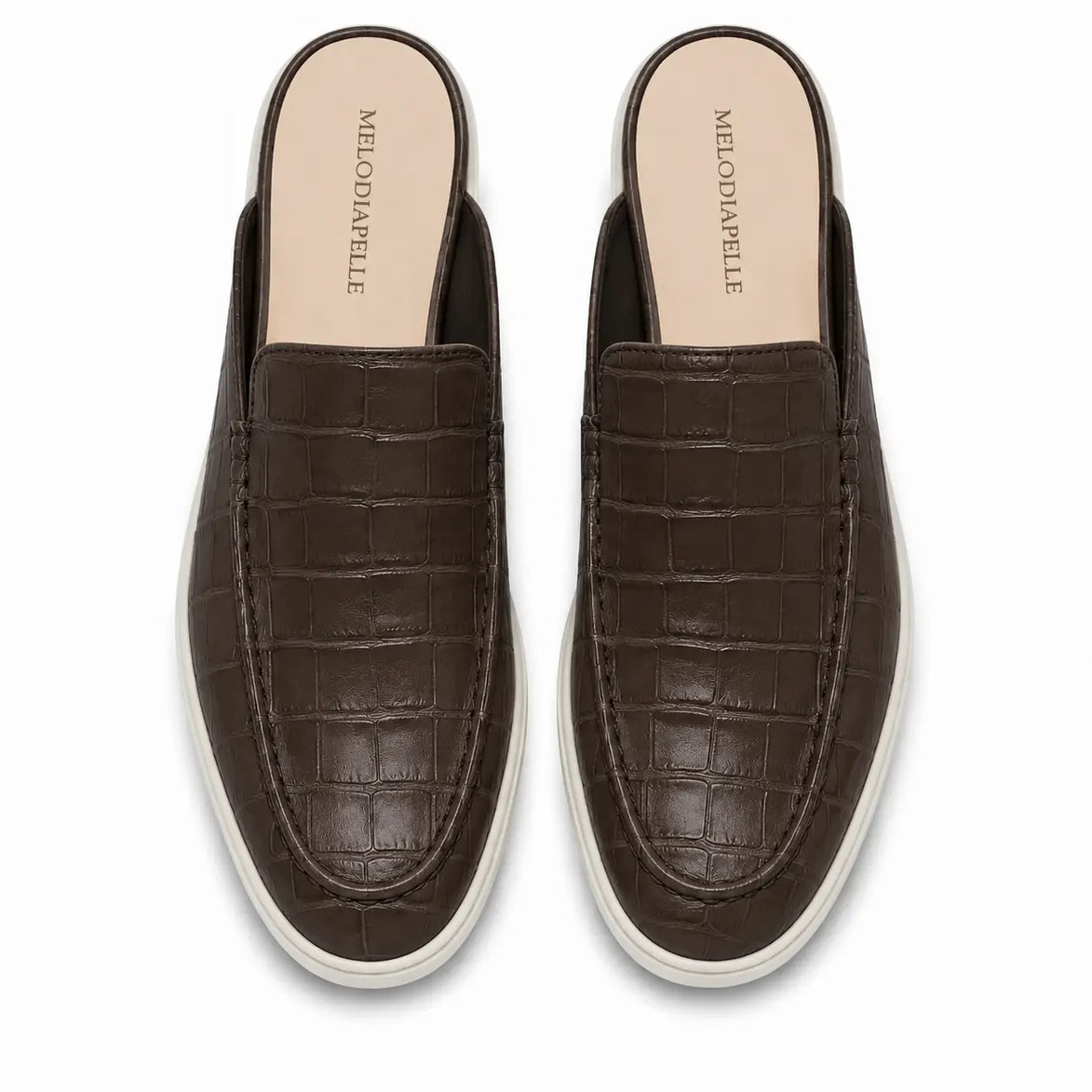 Melodiapelle Moreno Mule in dark brown croc-embossed leather, pair top-down view, handcrafted in Agra
