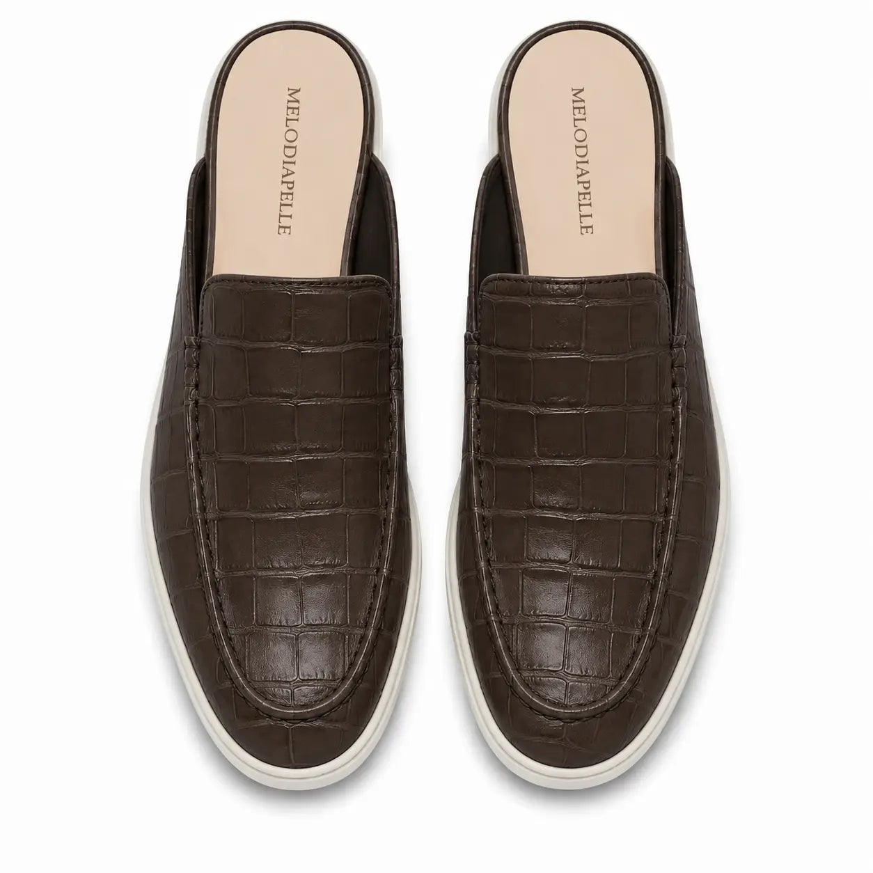 Melodiapelle Moreno Mule in dark brown croc-embossed leather, pair top-down view, handcrafted in Agra