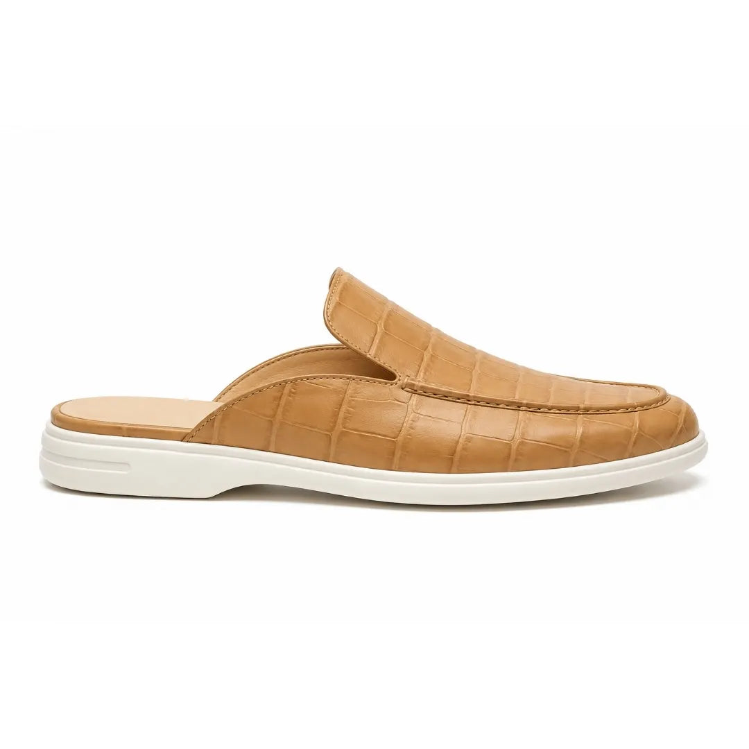 Side profile of the Moreno Mule in sand beige croc-embossed leather on white background