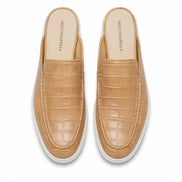 Melodiapelle Moreno Mule in sand beige croc-embossed leather, pair top-down view, handcrafted in Agra