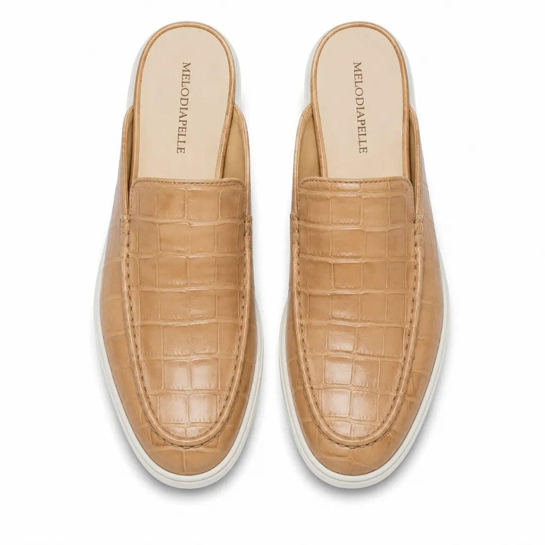 Melodiapelle Moreno Mule in sand beige croc-embossed leather, pair top-down view, handcrafted in Agra