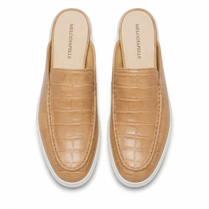 Melodiapelle Moreno Mule in sand beige croc-embossed leather, pair top-down view, handcrafted in Agra