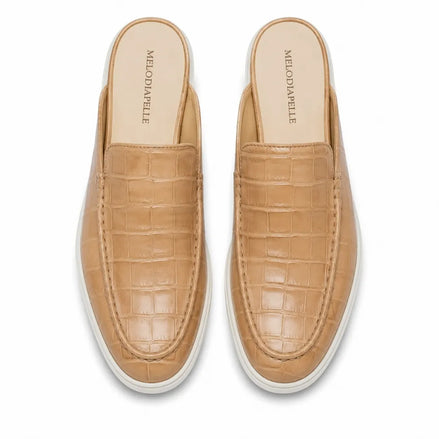 Melodiapelle Moreno Mule in sand beige croc-embossed leather, pair top-down view, handcrafted in Agra
