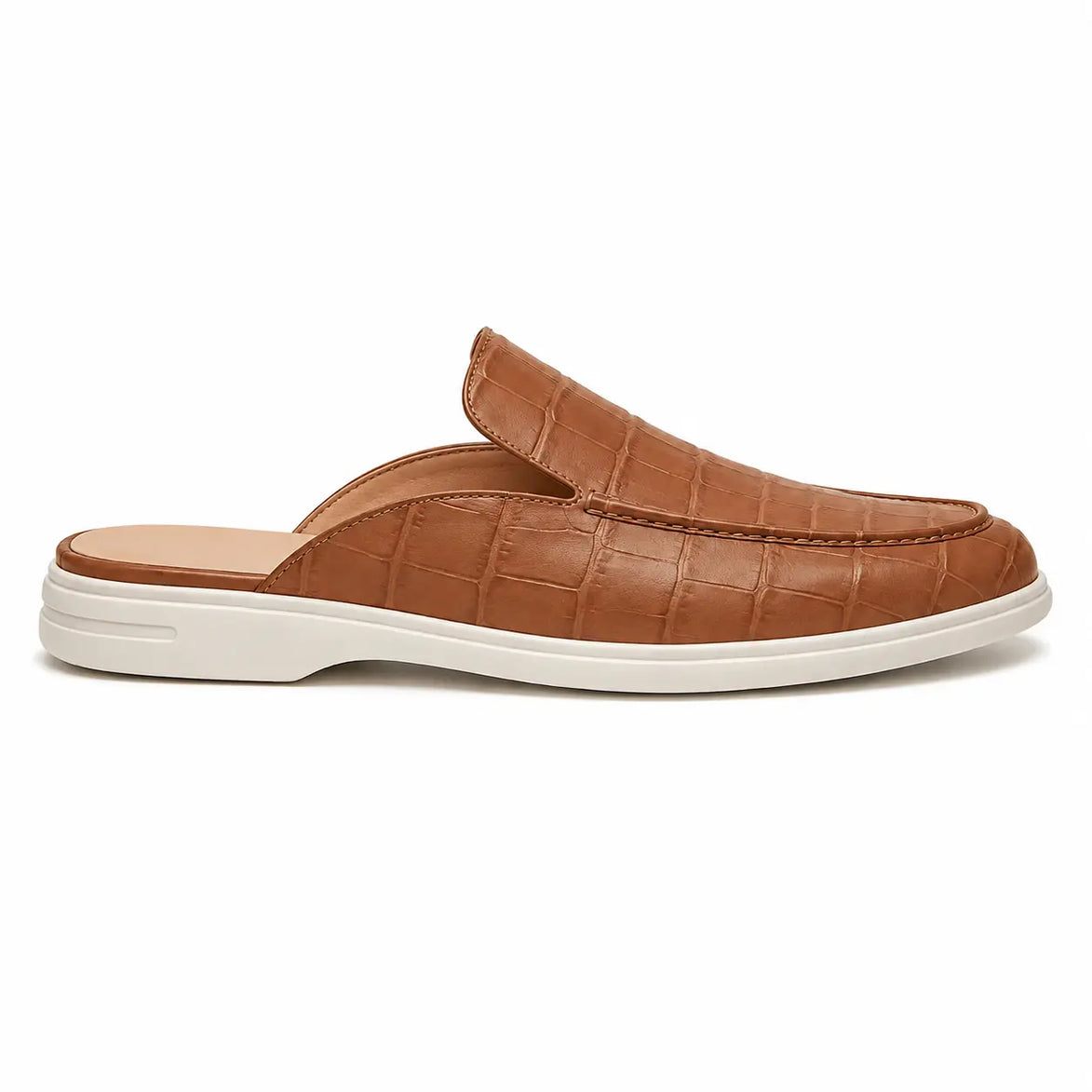 Side profile of the Moreno Mule in tan croc-embossed leather on white background