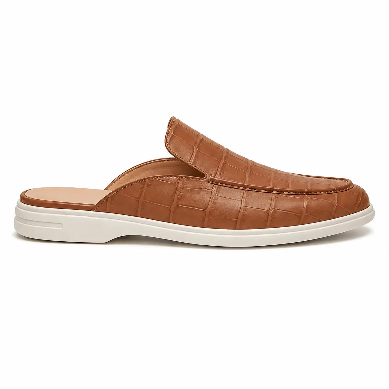 Side profile of the Moreno Mule in tan croc-embossed leather on white background