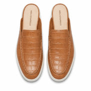Melodiapelle Moreno Mule in tan croc-embossed leather, pair top-down view, handcrafted in Agra